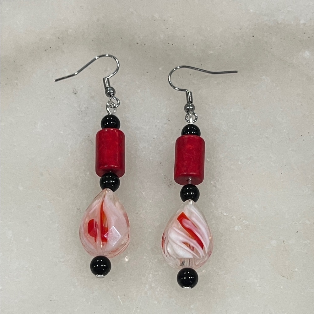 Artisan Handmade Red and Black Glass Dangle Earrings